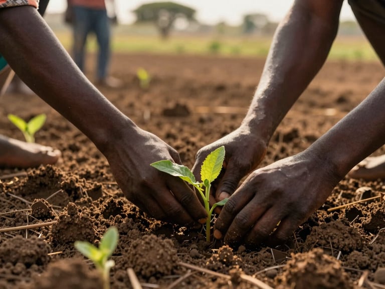 Hands of local farmers planting sustainable crops in the rich soil of Blitta Gare, close-up, warm golden hour light