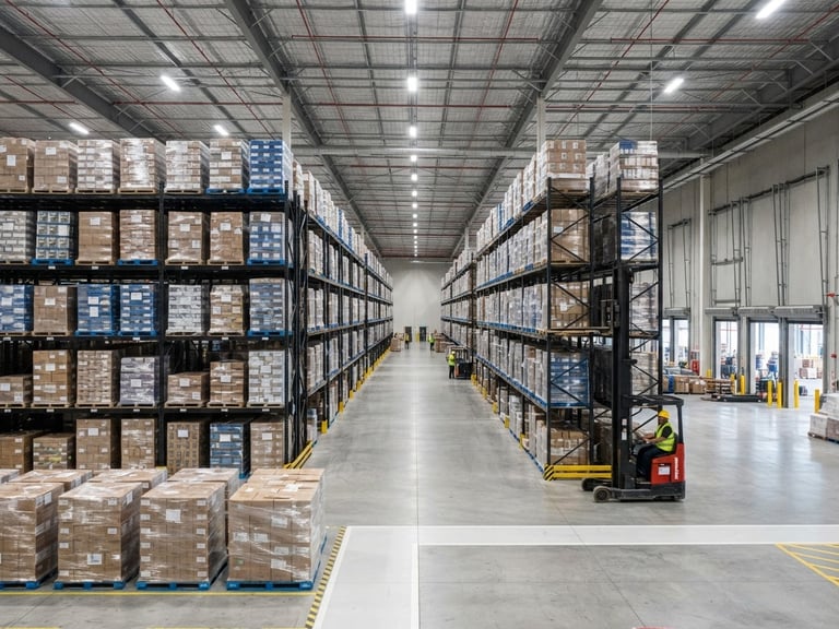Wide-angle commercial photography of organized warehouse racks with neatly stacked pallets, bright neutral lighting, sharp focus, cool industrial tones