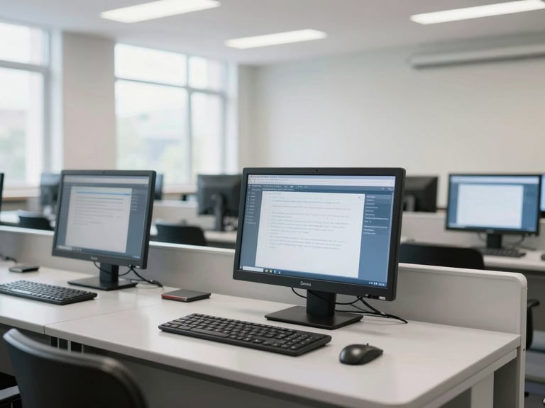 Bright editorial photo of a modern university lecture hall with digital setups, soft overcast daylight, clean professional tones, shallow depth of field