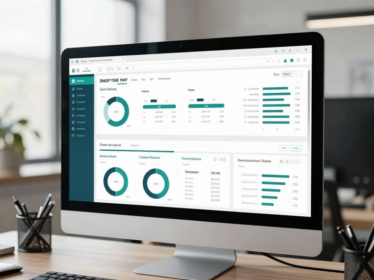 Clean architectural office environment with a large desktop monitor displaying a complex analytics dashboard, premium editorial photography, crisp natural side-lighting, deep teal tones