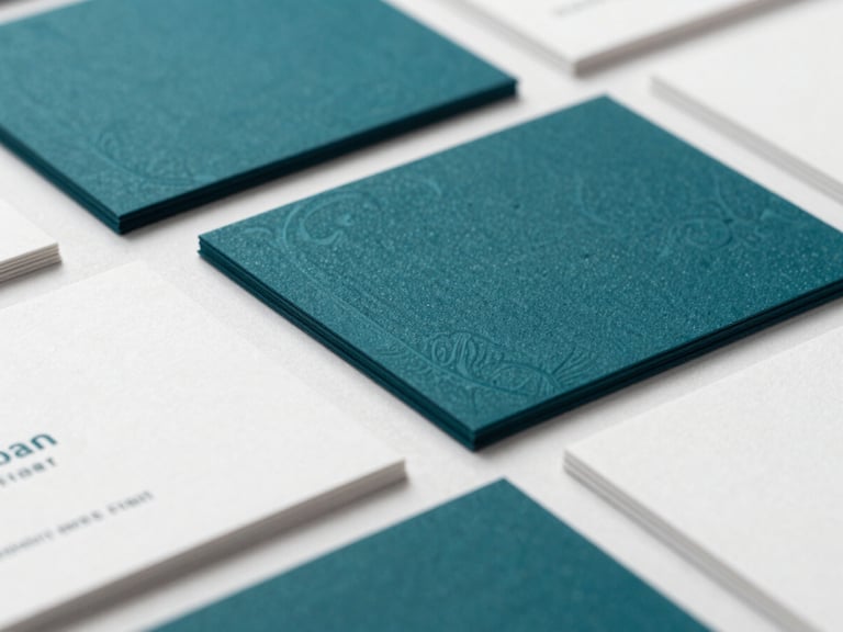 Macro shot of physical brand collateral, sleek business cards with debossed deep teal foil, premium editorial photography, crisp natural side-lighting