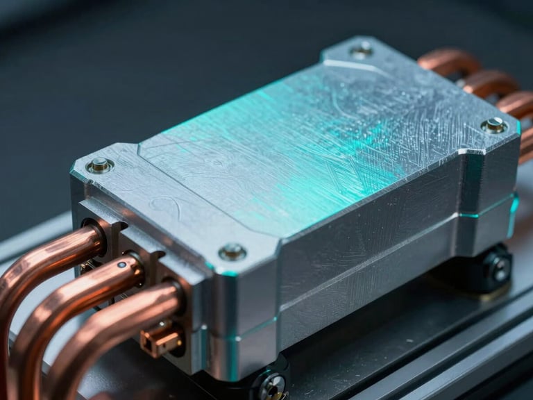 Extreme close-up macro of a ruggedised electric drivetrain module on a precision test rig, heavy-gauge copper busbars and sealed aluminium housing filling the frame, cold cyan LED accent lighting raking across machined surface texture, deep charcoal background, high-contrast industrial strobe lighting, no human presence, wide landscape framing with the module anchored to the right edge bleeding off-frame