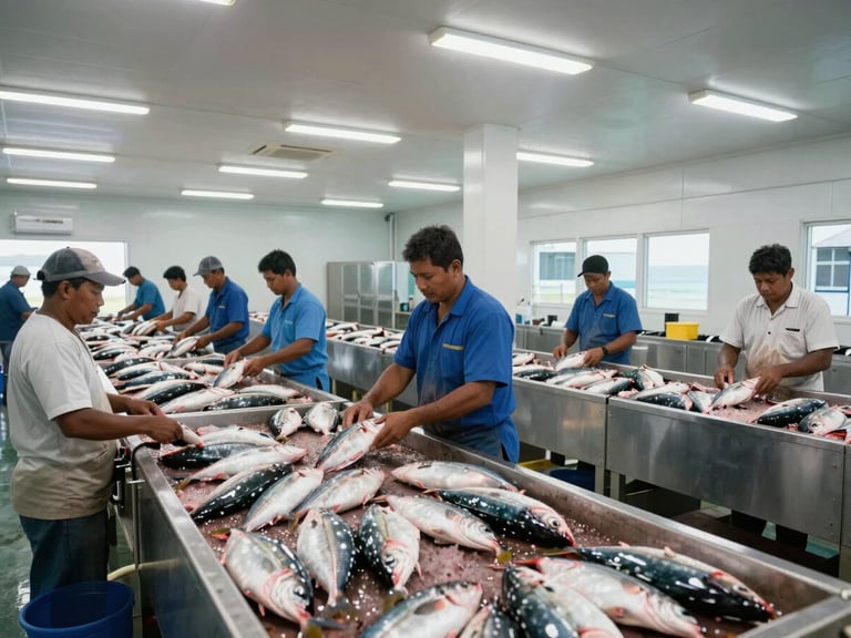 Wide environmental shot of a modern fish processing facility near Mimika coast, clean interior, local workers in professional gear sorting fresh catch.
