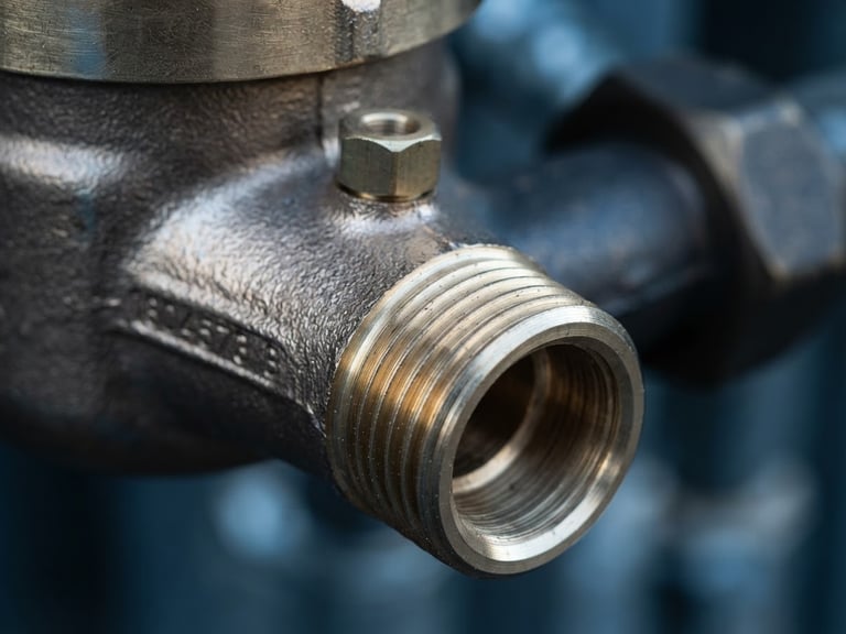 Close-up of a heavy brass water meter body with metallic threads, crisp daylight reflecting off the polished metal surface, technical depth of field
