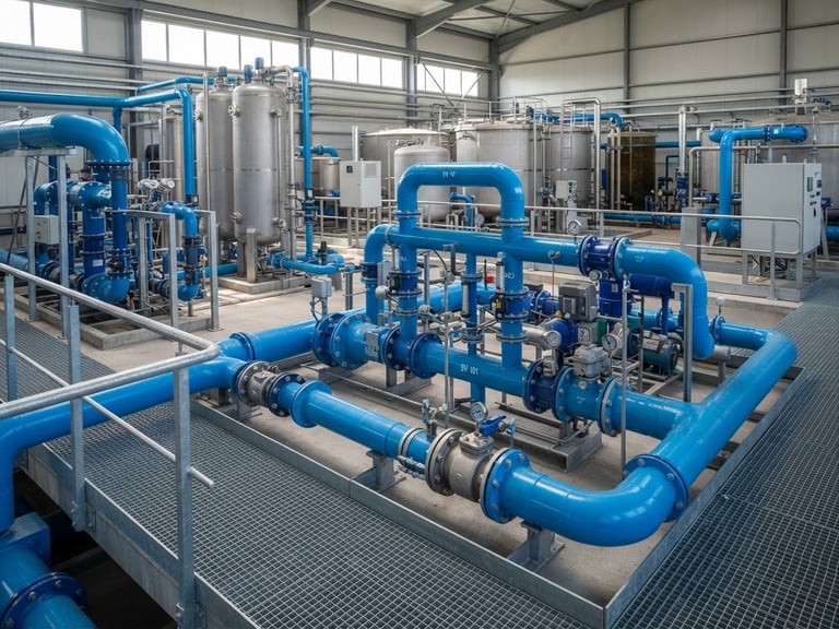Crisp industrial photography of a modern water treatment facility with blue pipes under clean daylight, sharp focus.