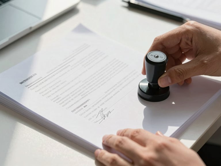 A close-up of hands organizing official documents with clear ink stamps and signatures, high-quality thick paper, clean office setting with natural sunlight.