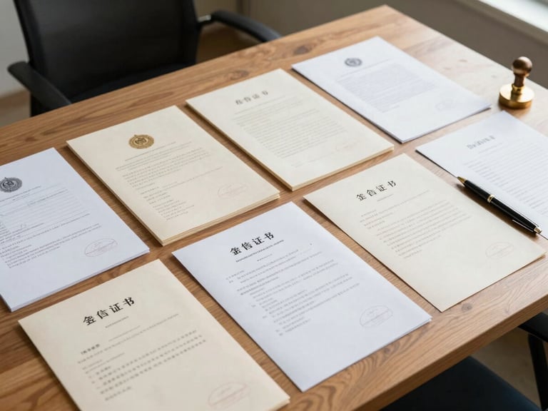 Overhead shot of neatly organized physical property deeds, official stamps, and a pen on a clean wooden desk, bright natural daylight from the side.