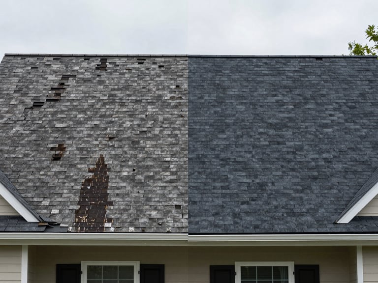 Side-by-side split of the same Alabama suburban home exterior — left half shows weathered, missing-shingle roof with dark water stains; right half shows the completed replacement with clean charcoal architectural shingles, overcast daylight, sharp ridge line