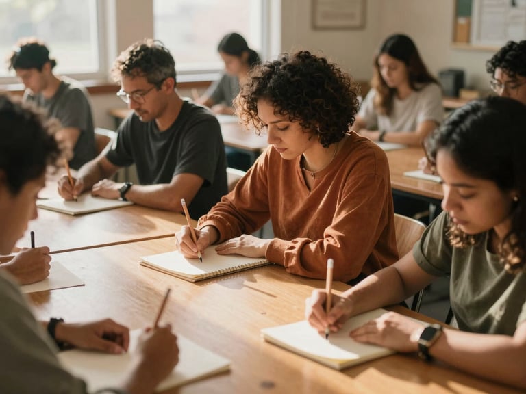 A warm, sunlit classroom in Georgia where a diverse group of adults are engaged in a workshop, taking notes with wooden pencils on craft paper, feeling empowered and focused.