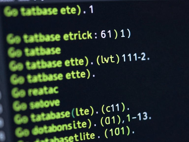 Macro close-up of syntax-highlighted Go database connection code on a dark IDE screen, neon green accents, terminal glow