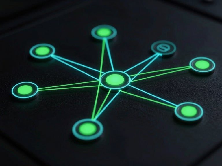 High-fidelity architectural diagram of distributed nodes with network partition lines, glowing neon cyan and green lines on dark surface
