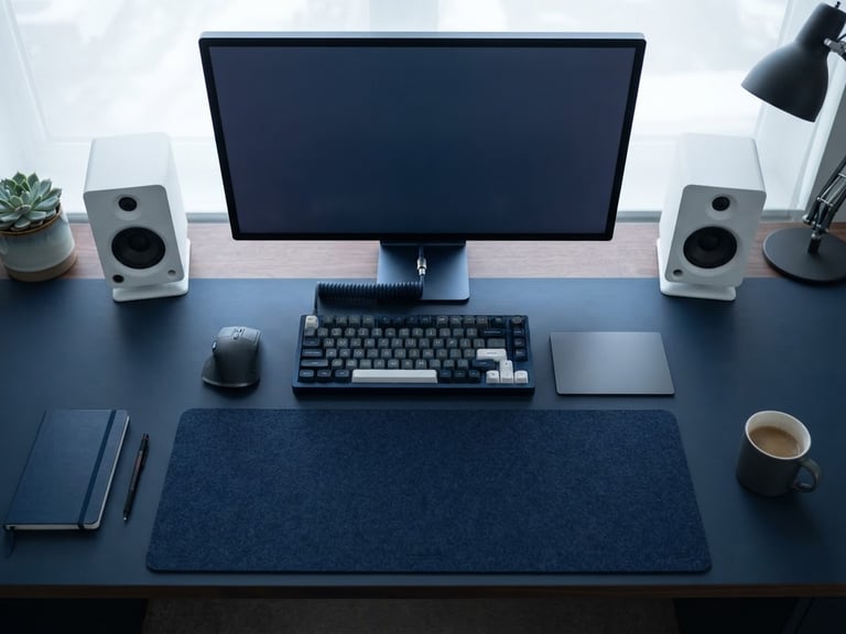 Symmetrical overhead shot of a clean modern desk setup, high-end mechanical keyboard, aluminum trackpad, cool diffused daylight, 35mm lens