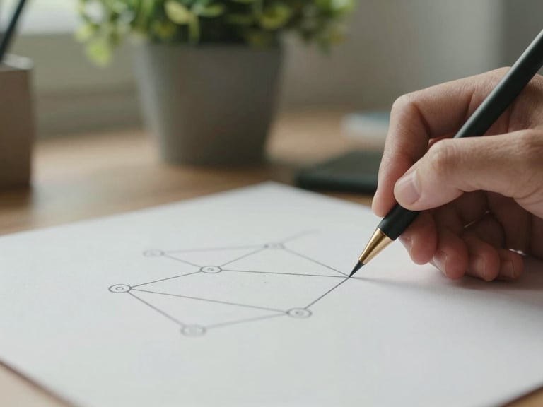 Macro close-up of hands sketching a clean, minimalist strategy diagram on textured paper, soft natural light, potted green plant in background.