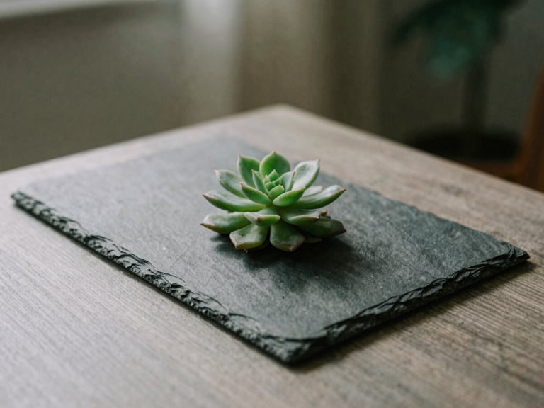 A minimalist slate desk with a small green succulent plant, soft natural morning light casting gentle shadows, editorial 35mm photography