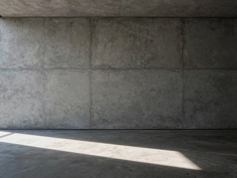 Stark minimalist concrete wall interior with a single sharp shaft of natural light cutting across the floor, high contrast, museum atmosphere