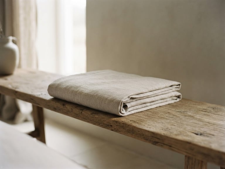 A perfectly folded organic linen sheet resting on a raw wooden bench, soft morning light casting gentle shadows, minimal composition, 35mm