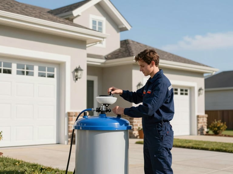 A clean-cut technician in a crisp navy uniform carefully adjusting a non-abrasive water purification system next to a beautiful suburban home, bright daylight, 35mm