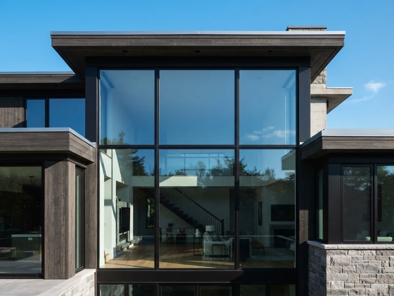 Bright architectural close-up of a modern home facade with large pristine glass windows reflecting a clear blue morning sky, sharp focus, 35mm