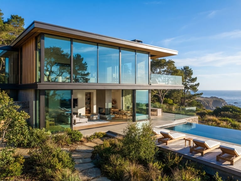 Bright architectural photography of a modern luxury home with expansive glass windows reflecting a crisp morning sky
