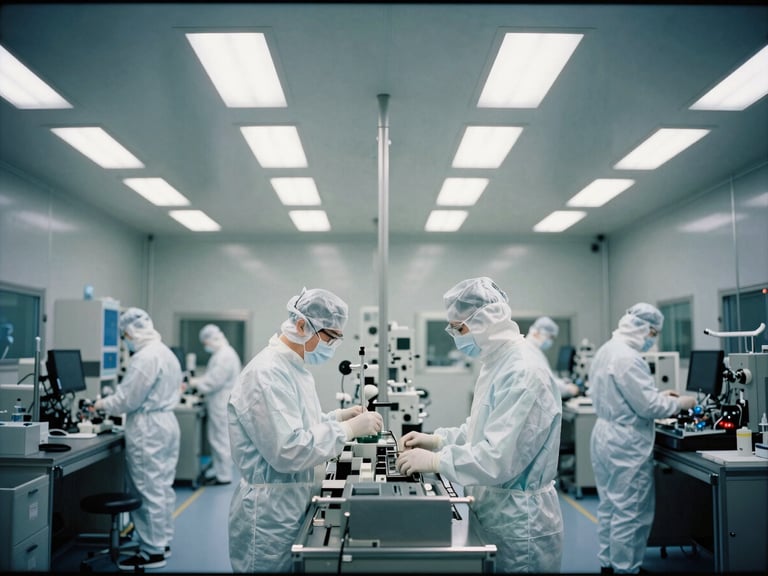 cleanroom with technicians in sterile suits performing validation procedures, overhead view, clinical industrial photography, bright sterile cleanroom lighting, cool metallic tones, sharp focus, architectural symmetry, 35mm