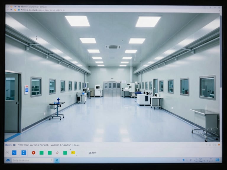 macro shot of a technical interface on a computer screen displaying validation protocols, sterile manufacturing environment, bright sterile cleanroom lighting, cool metallic tones, sharp focus, architectural symmetry, 35mm