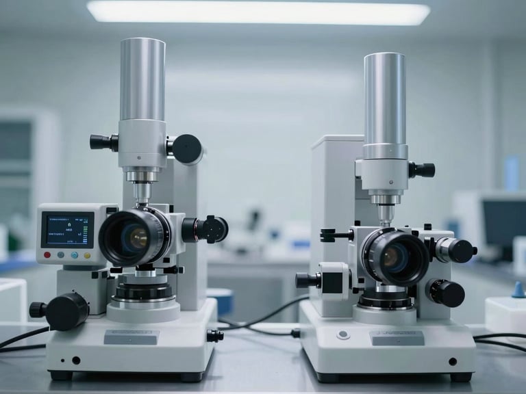 precise calibration instruments on a workbench in a sterile lab, macro shot, clinical industrial photography, bright sterile cleanroom lighting, cool metallic tones, sharp focus, architectural symmetry, 35mm