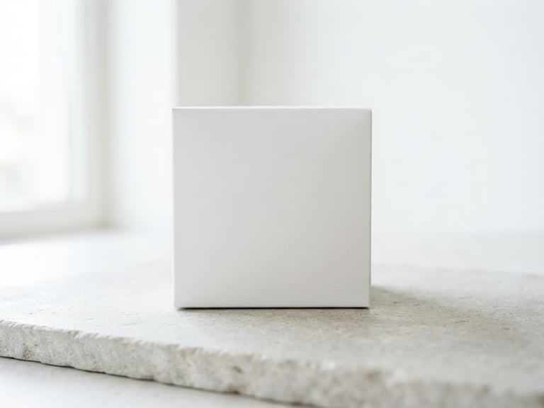 Bright high-key product photography, a clean white box package of Creapure creatine sitting on a minimalist grey stone surface, soft natural daylight, sharp focus, 35mm