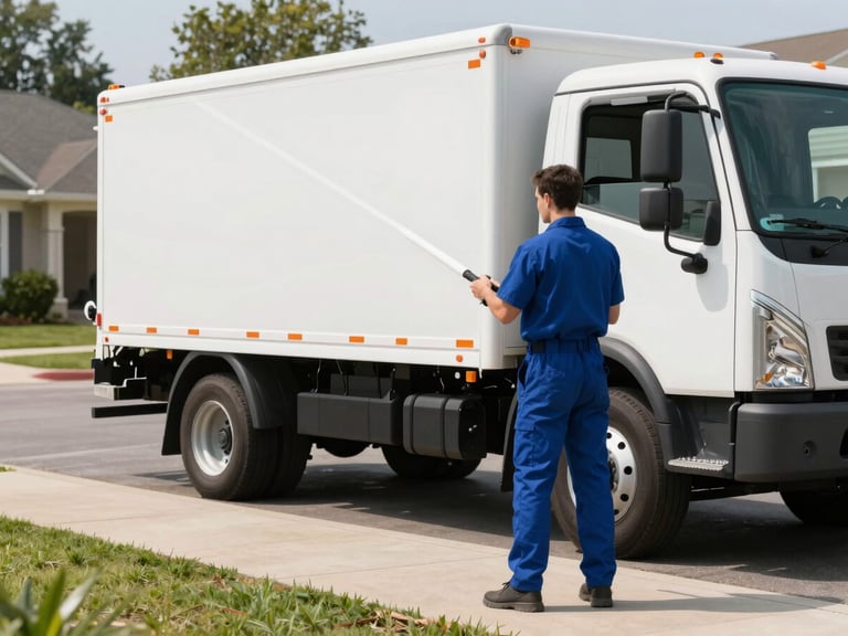 Medium shot of a clean service truck parked on a suburban driveway while a technician applies a seasonal barrier treatment, clear natural light