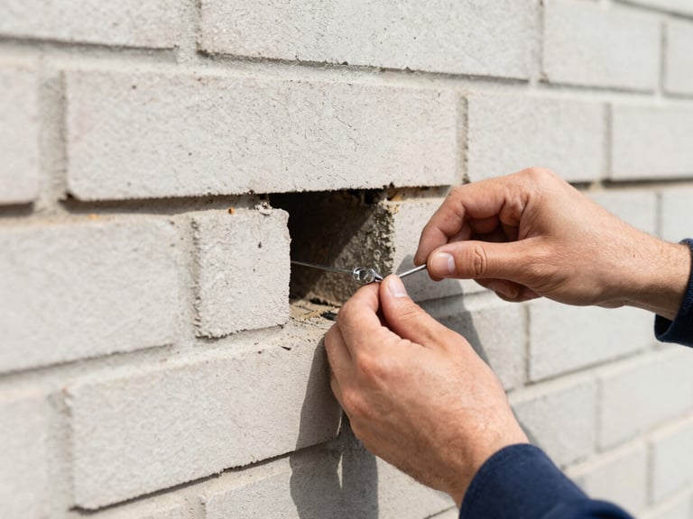 Tight macro shot of a technician sealing a structural entry point on a brick foundation, bright crisp daylight, 35mm lens