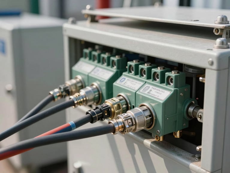 Close-up detail of heavy-duty DC cabling terminations and connection points on a battery storage enclosure at an industrial site, natural daylight, raw steel conduit and labelled terminals visible, equipment scale apparent from surrounding plant infrastructure