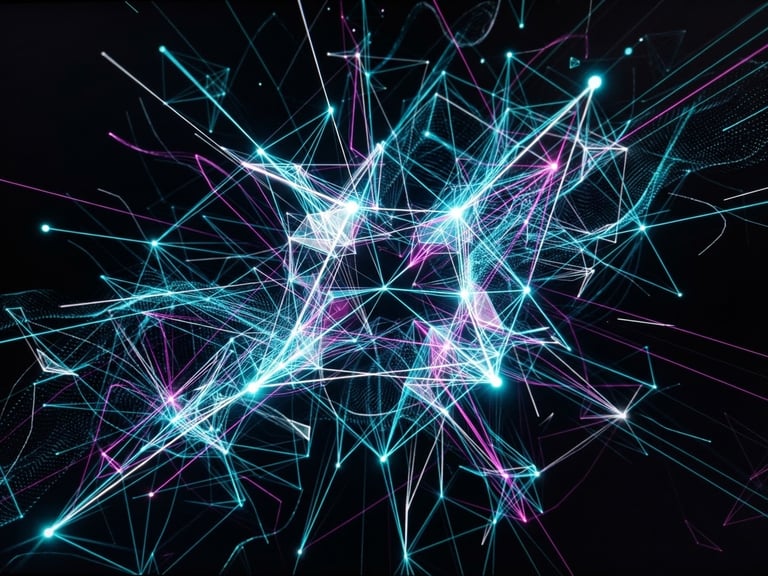 Macro shot of a stark geometric data visualization glowing on a dark terminal screen, crisp technical aesthetic.