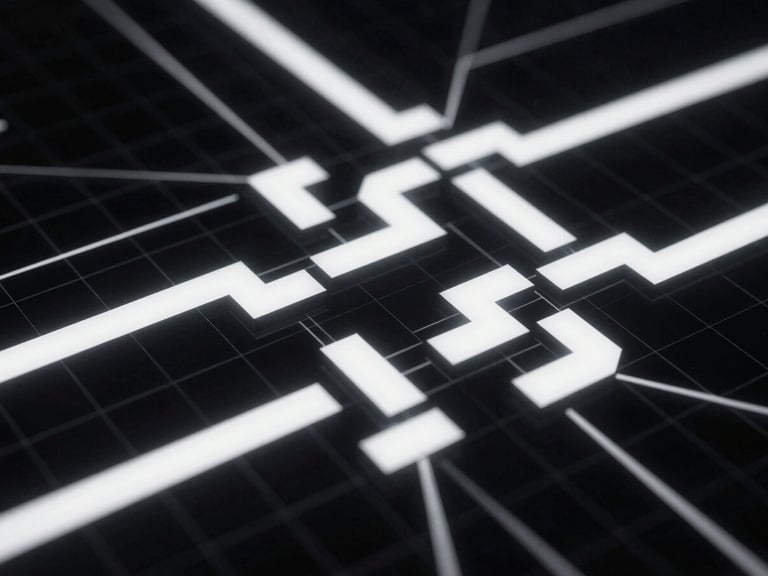 Abstract geometric representation of data flow, stark white blocks routing through a dark grid architecture.