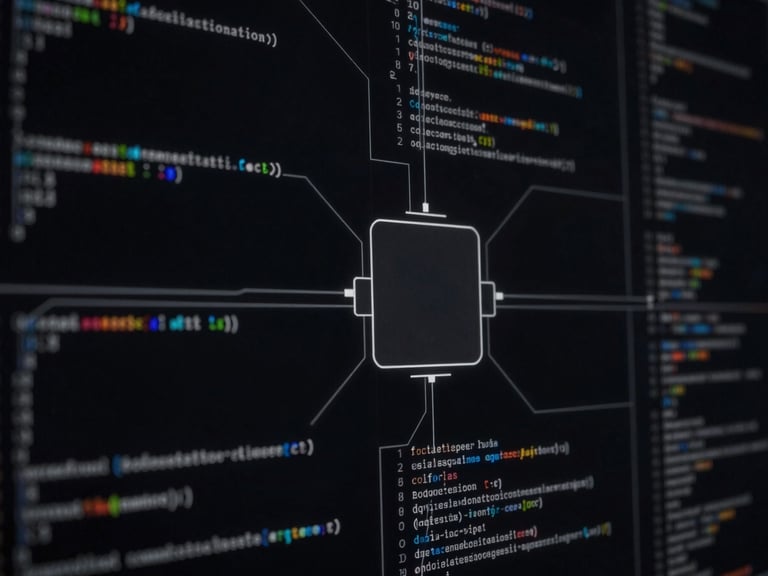 Dark mode digital rendering of a code architecture diagram, crisp technical lines highlighting a central node.