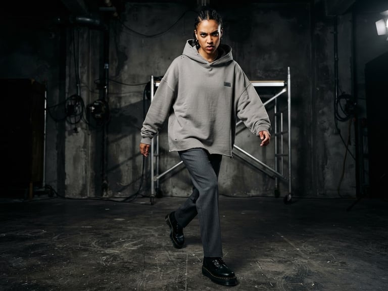 Low-angle dynamic studio shot of a model wearing an oversized concrete-gray streetwear hoodie and tailored trousers, high-contrast industrial lighting, dramatic shadows, sharp focus, 35mm lens