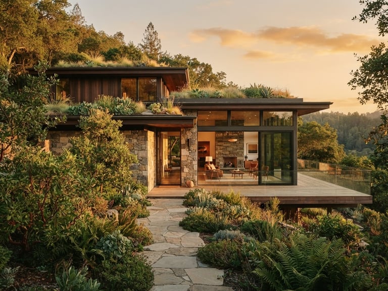 Warm editorial photography of a modern high-end house integrated with nature, golden-hour natural light, rich sage tones, 35mm lens