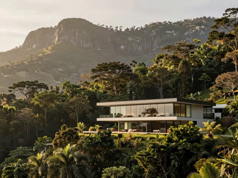 Wide environmental shot of a modern glass villa nestled at the foot of Serra do Japi, lush green forest canopy, soft morning light.