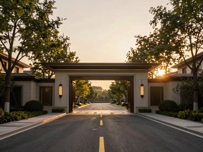 Architectural detail of a luxury gated community entrance, wide tree-lined paved road, warm golden-hour light.