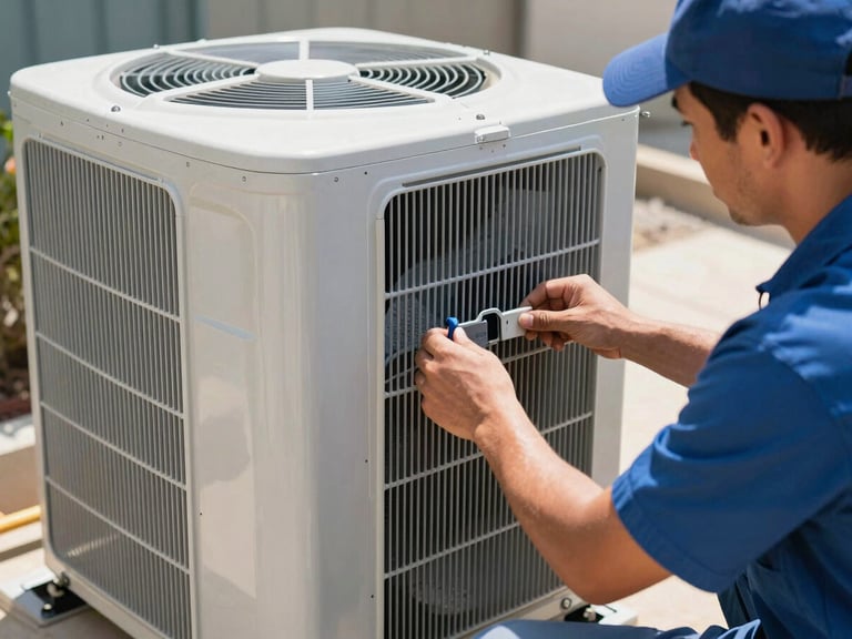 Professional AC technician installing a new outdoor condenser unit, bright natural Texas daylight, clean cool tones, sharp focus, 35mm