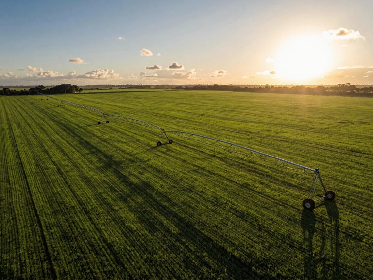 Aerial wide landscape of an expansive, lush green farm in Bahia, modern irrigation pivot visible, dramatic golden hour sunlight, sharp editorial focus.