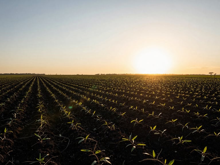 Wide-angle panoramic shot of a vast Bahian soybean plantation at golden hour, deep black soil, brilliant warm sunlight flare on the horizon, 35mm photography