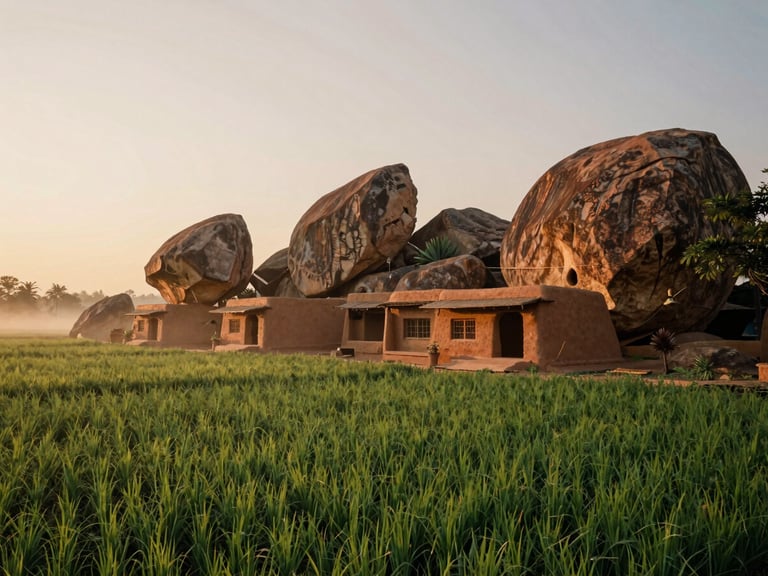 Wide environmental shot of Yogalayah retreat at sunrise, earthen architecture blending into massive natural granite boulders, morning mist rising from green paddy fields, warm golden hour light, 35mm film texture.