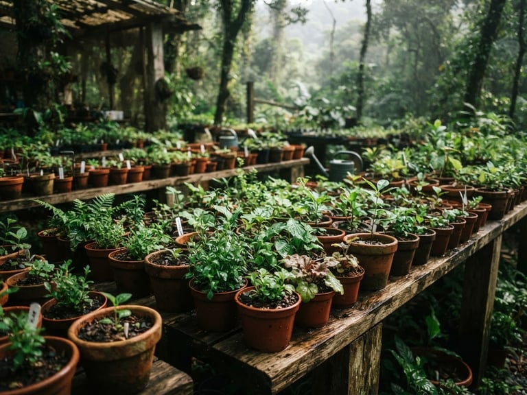 Dappled forest sunlight filtering through a rustic nursery canopy in Mairiporã, displaying rows of vibrant green seedlings and textured terracotta pots on raw wooden tables, misty mountain air