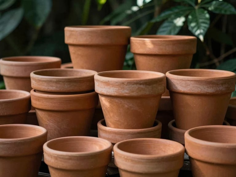 Textured terracotta clay pots stacked in a rustic nursery, warm earth tones, soft side light, detailed clay texture