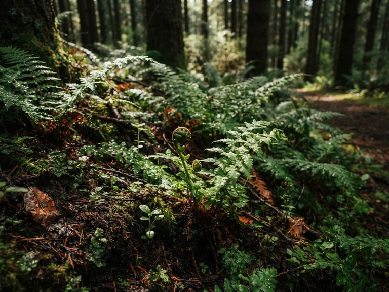 Dappled forest light filtering through pine trees, closeup of lush green native ferns and seedlings growing in rich dark soil, moody botanical photography, shallow depth of field