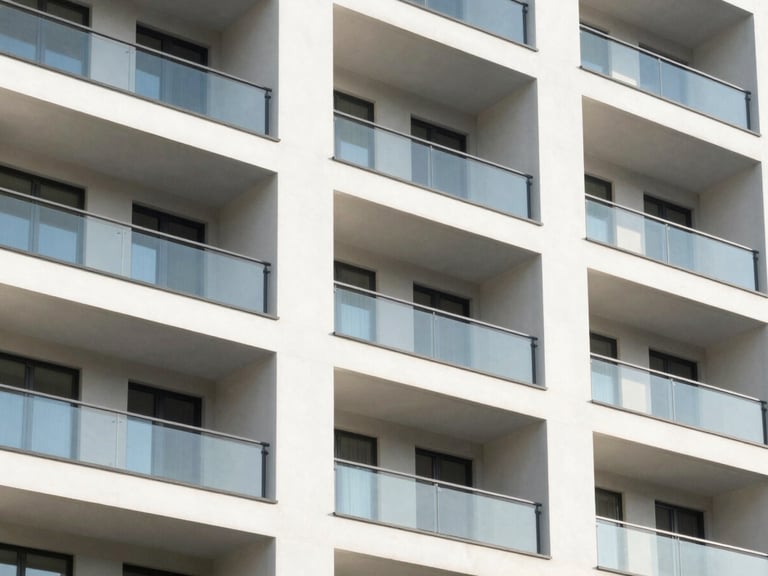 Crisp architectural photography of a modern residential apartment building exterior with clean geometric lines, bright natural daylight, 35mm