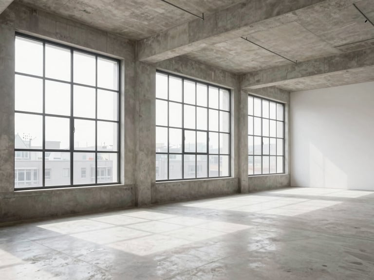 Clean architectural interior of a modern residential loft with concrete floors and large industrial windows showing bright daylight.