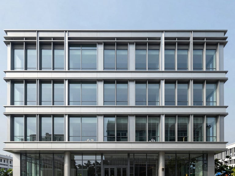 Straight-on architectural exterior of a modern commercial office building with clean steel and glass lines under bright daylight.