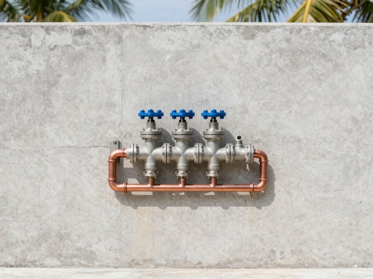 Neat plumbing manifold system installed on a concrete wall, copper pipes, technical alignment