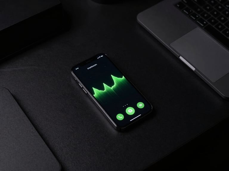 Overhead flat lay of a dark office desk, a modern smartphone displaying an active call screen with a glowing green wave, low-key ambient lighting, sharp minimalist composition