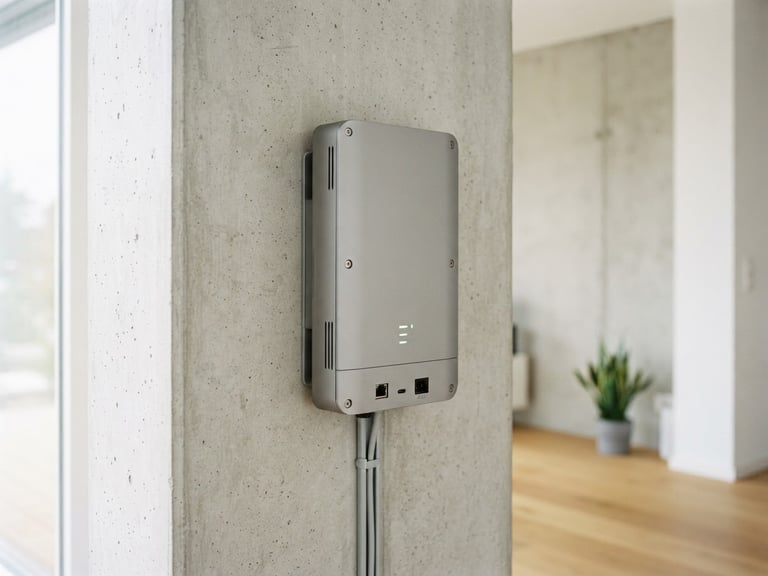 A clean product photograph of the INDRA MX solar unit mounted on a minimalist concrete wall, soft morning light, architectural crop, 35mm.